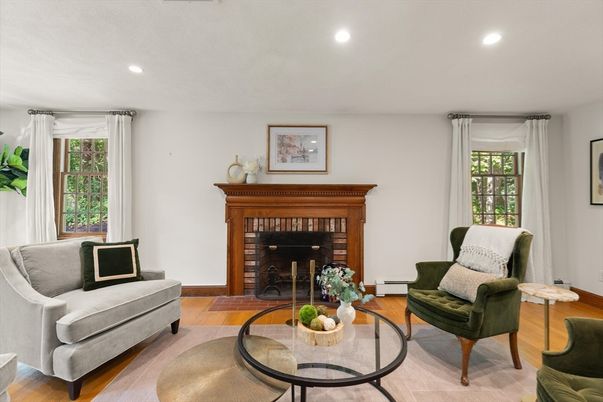Fireplace, Interior, Living room, Recessed Lighting, Wood Texture Flooring