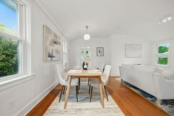 Dining room, Interior, Living room, Pendant Lights, Wood Texture Flooring