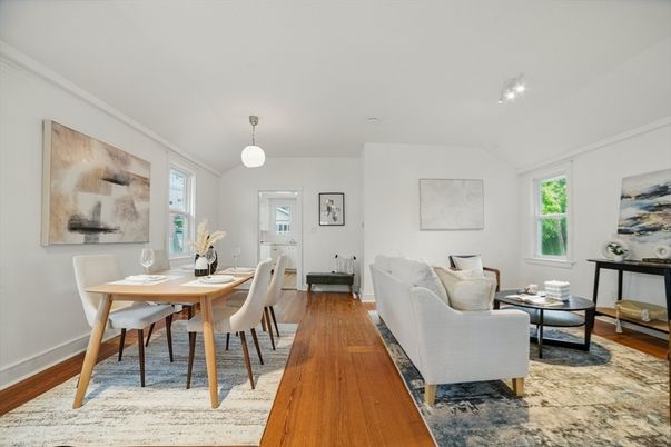 Dining room, Interior, Living room, Pendant Lights, Wood Texture Flooring