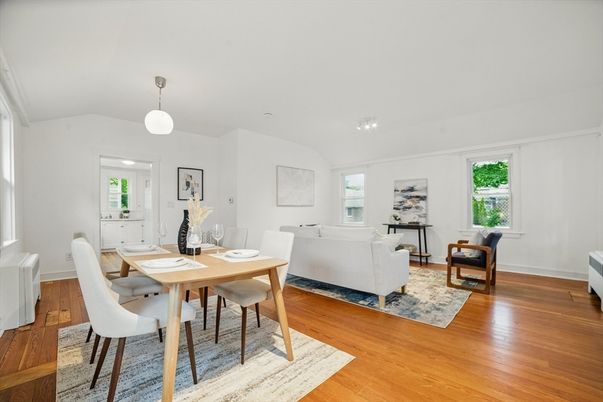 Dining room, Interior, Living room, Pendant Lights, Wood Texture Flooring