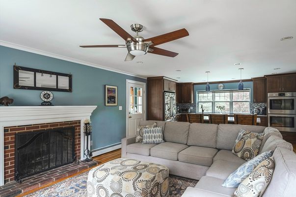 Fireplace, Interior, Kitchen, Living room, Pendant Lights, Recessed Lighting, Stainless Steel Appliances, Wood Texture Flooring