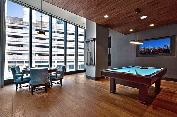 Billiard Table, Game Room, Interior, Pendant Lights, Recessed Lighting, Wooden Ceilings, Wood Texture Flooring
