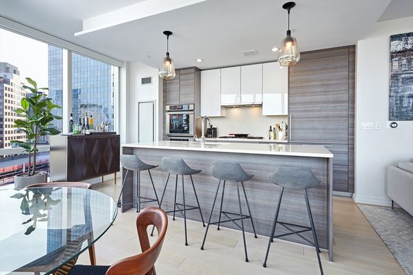 Dining room, Interior, Kitchen, Pendant Lights, Recessed Lighting, Stainless Steel Appliances, Wood Texture Flooring