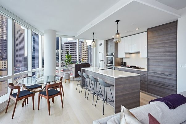 Dining room, Interior, Kitchen, Pendant Lights, Recessed Lighting, Stainless Steel Appliances, Wood Texture Flooring
