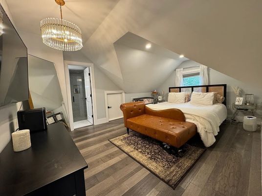 Bedroom, Chandelier, Interior, Recessed Lighting, Wood Texture Flooring