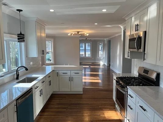 Interior, Kitchen, Pendant Lights, Recessed Lighting, Stainless Steel Appliances, Wood Texture Flooring
