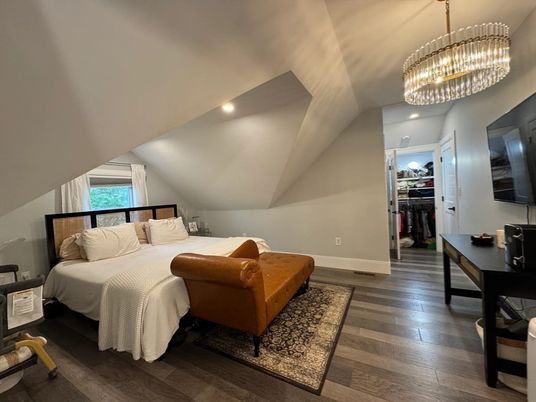 Bedroom, Chandelier, Interior, Recessed Lighting, Wood Texture Flooring