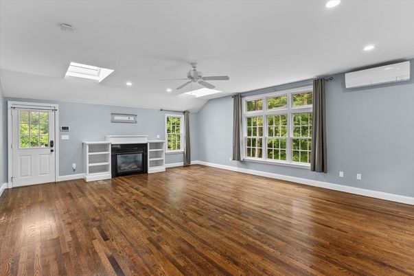 Empty room, Fireplace, Interior, Recessed Lighting, Wood Texture Flooring
