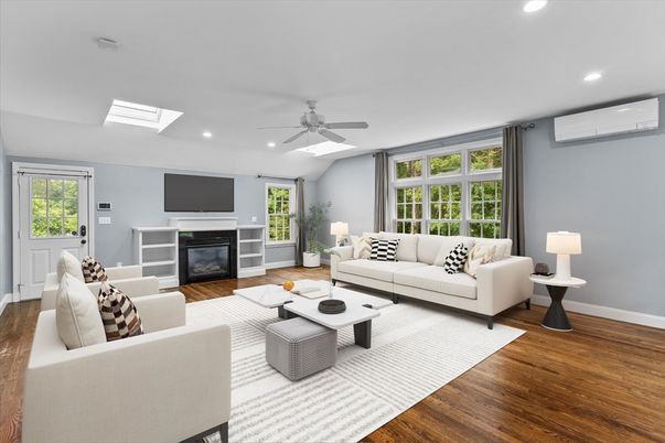Fireplace, Interior, Living room, Recessed Lighting, Wood Texture Flooring