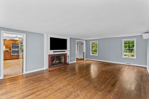 Empty room, Fireplace, Interior, Kitchen, Wood Texture Flooring