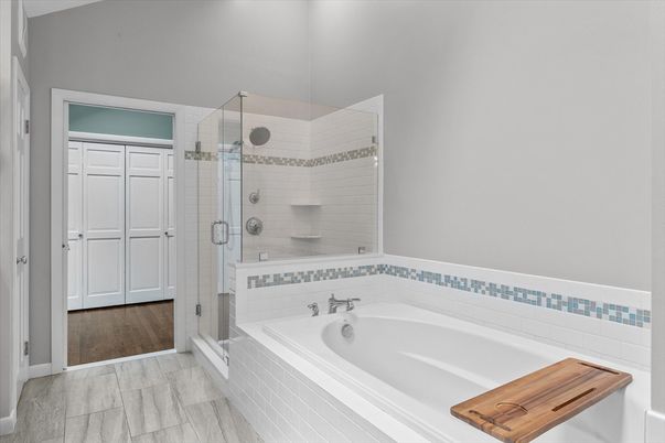 Bathroom, Glass Shower, Interior, Wood Texture Flooring
