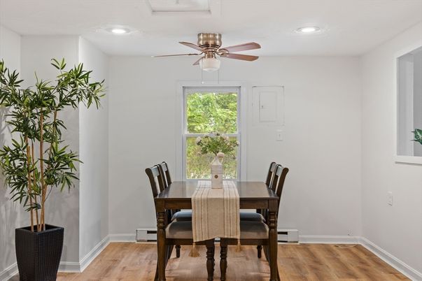 Dining room, Interior, Recessed Lighting, Wood Texture Flooring