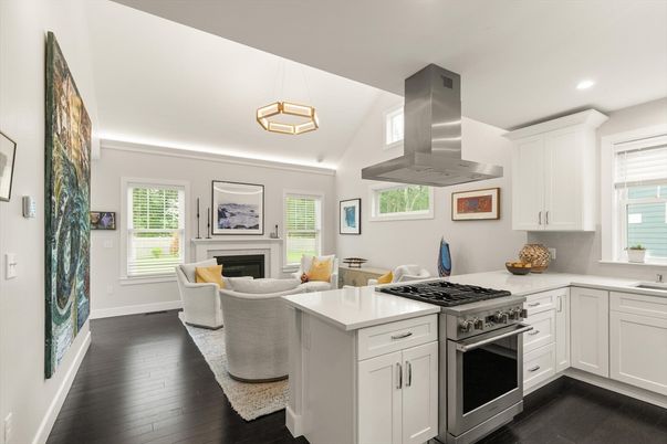 Fireplace, Interior, Kitchen, Living room, Pendant Lights, Recessed Lighting, Stainless Steel Appliances, Wood Texture Flooring