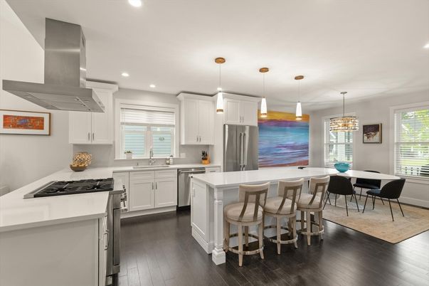 Dining room, Interior, Kitchen, Pendant Lights, Recessed Lighting, Stainless Steel Appliances, Wood Texture Flooring