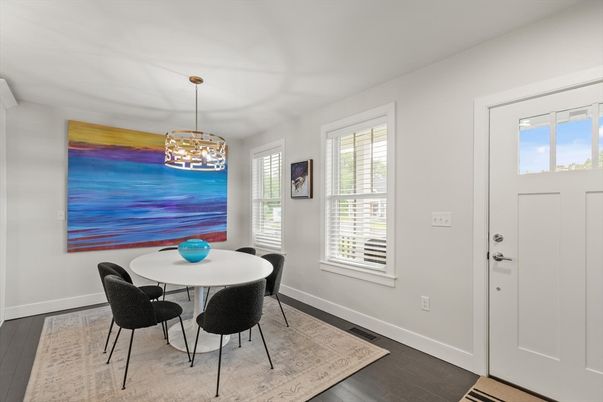 Dining room, Interior, Pendant Lights, Wood Texture Flooring