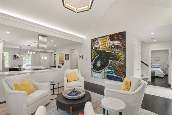 Dining room, Interior, Living room, Pendant Lights, Recessed Lighting, Wood Texture Flooring