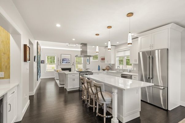 Fireplace, Interior, Kitchen, Pendant Lights, Recessed Lighting, Stainless Steel Appliances, Wood Texture Flooring