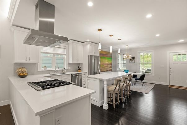 Dining room, Interior, Kitchen, Pendant Lights, Recessed Lighting, Stainless Steel Appliances, Wood Texture Flooring