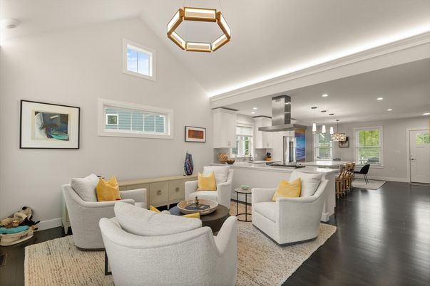 Dining room, Interior, Kitchen, Living room, Pendant Lights, Recessed Lighting, Stainless Steel Appliances, Wood Texture Flooring