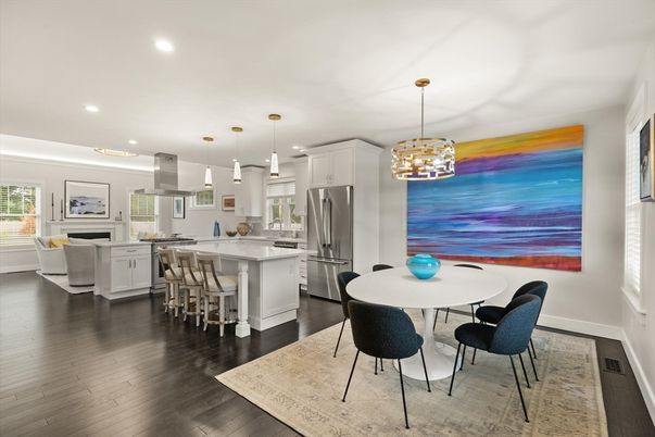 Dining room, Interior, Kitchen, Pendant Lights, Recessed Lighting, Stainless Steel Appliances, Wood Texture Flooring