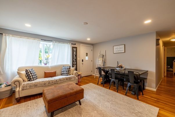 Dining room, Interior, Living room, Recessed Lighting, Wood Texture Flooring