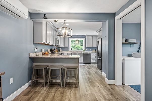 Interior, Kitchen, Pendant Lights, Recessed Lighting, Wood Texture Flooring