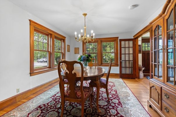 Chandelier, Dining room, Interior, Wood Texture Flooring