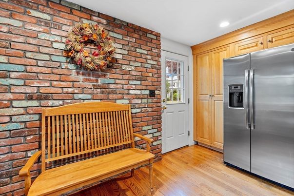 Interior, Kitchen, Recessed Lighting, Stainless Steel Appliances, Stone Walls, Wood Texture Flooring