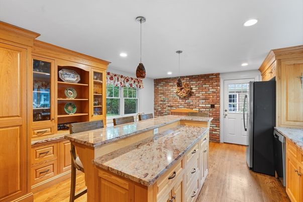 Interior, Kitchen, Pendant Lights, Recessed Lighting, Stone Walls, Wood Texture Flooring