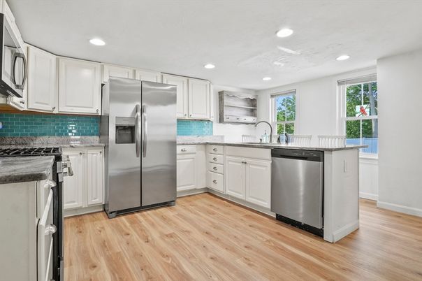 Interior, Kitchen, Recessed Lighting, Stainless Steel Appliances, Wood Texture Flooring