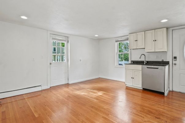 Empty room, Interior, Kitchen, Recessed Lighting, Wood Texture Flooring