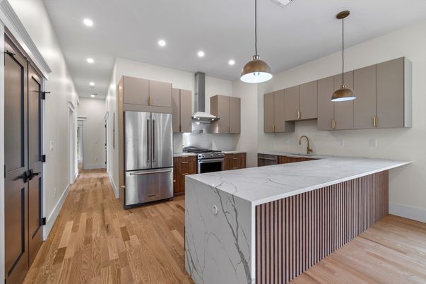 Interior, Kitchen, Pendant Lights, Recessed Lighting, Stainless Steel Appliances, Wood Texture Flooring