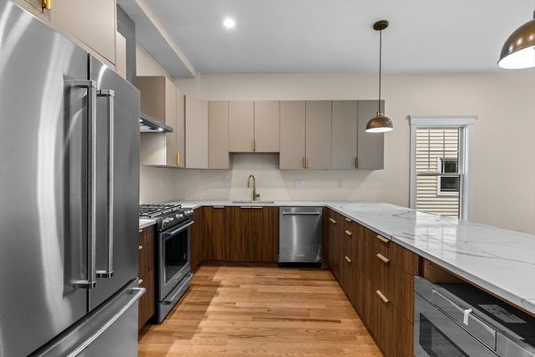 Interior, Kitchen, Pendant Lights, Recessed Lighting, Stainless Steel Appliances, Wood Texture Flooring