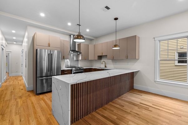 Interior, Kitchen, Pendant Lights, Recessed Lighting, Stainless Steel Appliances, Wood Texture Flooring