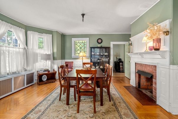 Dining room, Fireplace, Interior, Wood Texture Flooring