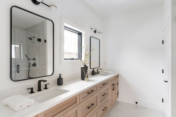 Bathroom, Dual Sink Vanities, Glass Shower, Interior, Marble, Marble Walls