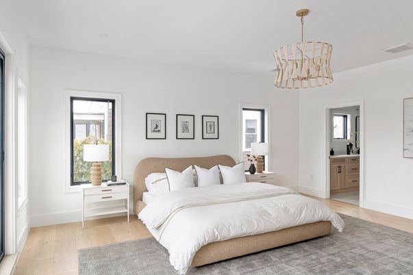 Bedroom, Interior, Pendant Lights, Wood Texture Flooring