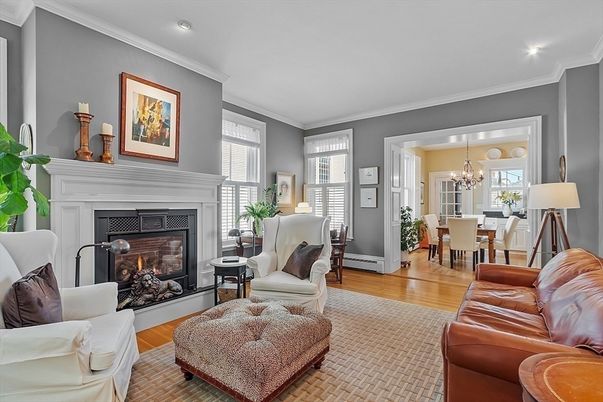 Chandelier, Dining room, Fireplace, Interior, Living room, Recessed Lighting, Wood Texture Flooring