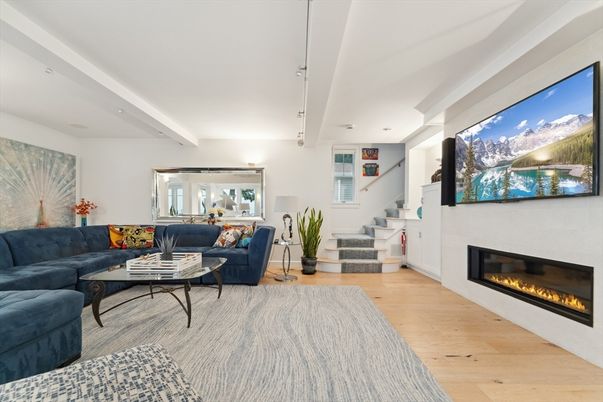 Fireplace, Interior, Living room, Recessed Lighting, Wood Texture Flooring