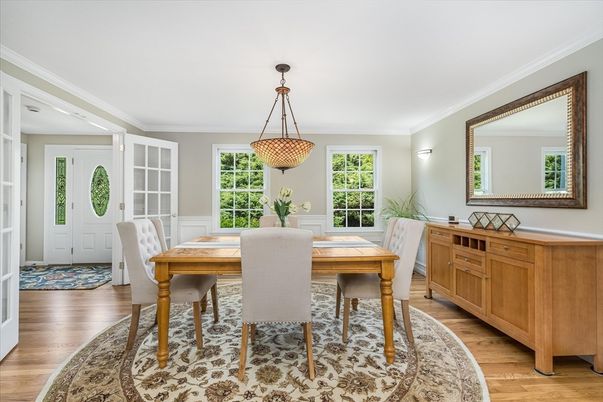 Dining room, Interior, Pendant Lights, Wood Texture Flooring