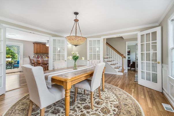 Dining room, Interior, Pendant Lights, Wood Texture Flooring