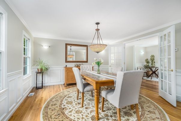 Dining room, Interior, Pendant Lights, Wood Texture Flooring