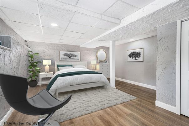 Bedroom, Interior, Marble Walls, Recessed Lighting, Wood Texture Flooring