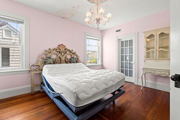 Bedroom, Chandelier, Interior, Wood Texture Flooring