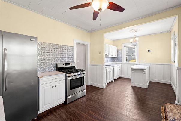 Chandelier, Interior, Kitchen, Stainless Steel Appliances, Wood Texture Flooring