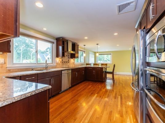 Dining room, Interior, Kitchen, Pendant Lights, Recessed Lighting, Stainless Steel Appliances, Wood Texture Flooring
