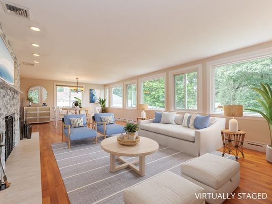 Dining room, Fireplace, Interior, Living room, Pendant Lights, Recessed Lighting, Wood Texture Flooring