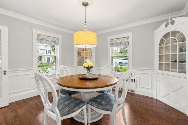 Dining room, Interior, Pendant Lights, Wood Texture Flooring