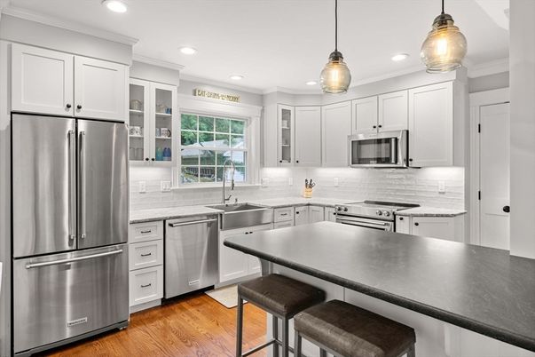 Interior, Kitchen, Pendant Lights, Recessed Lighting, Stainless Steel Appliances, Wood Texture Flooring