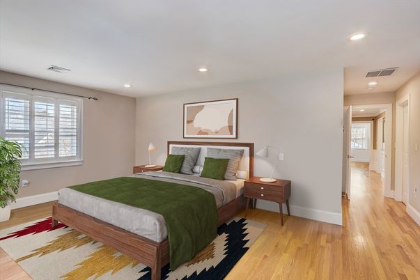 Bedroom, Interior, Recessed Lighting, Wood Texture Flooring